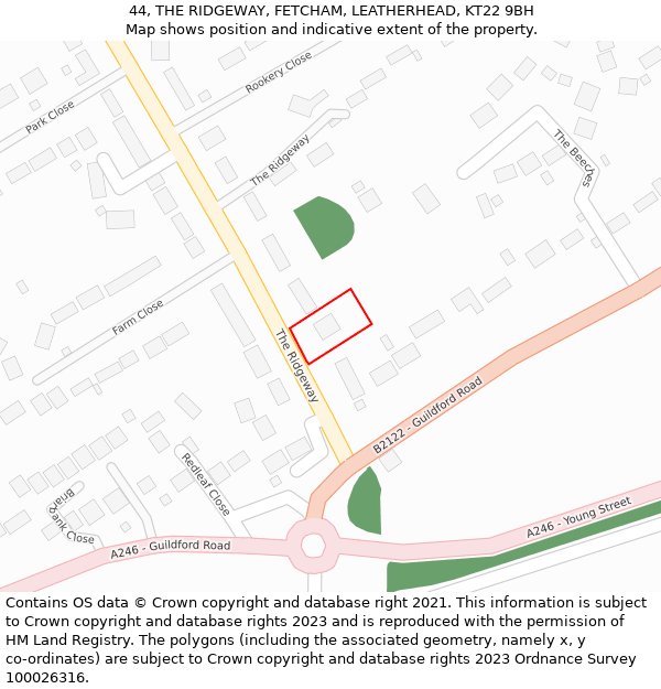 44, THE RIDGEWAY, FETCHAM, LEATHERHEAD, KT22 9BH: Location map and indicative extent of plot