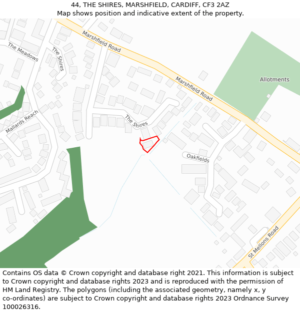 44, THE SHIRES, MARSHFIELD, CARDIFF, CF3 2AZ: Location map and indicative extent of plot