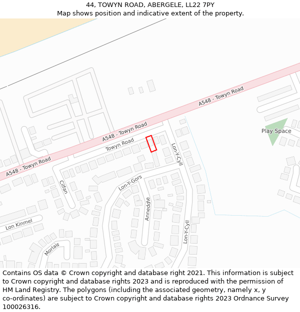 44, TOWYN ROAD, ABERGELE, LL22 7PY: Location map and indicative extent of plot