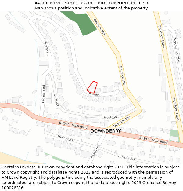 44, TRERIEVE ESTATE, DOWNDERRY, TORPOINT, PL11 3LY: Location map and indicative extent of plot