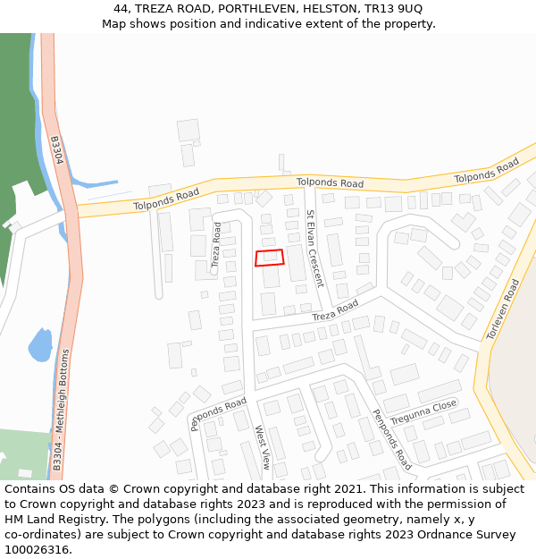 44, TREZA ROAD, PORTHLEVEN, HELSTON, TR13 9UQ: Location map and indicative extent of plot