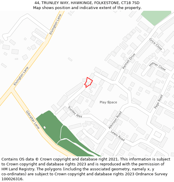 44, TRUNLEY WAY, HAWKINGE, FOLKESTONE, CT18 7SD: Location map and indicative extent of plot