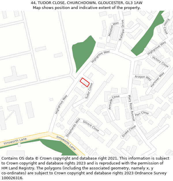 44, TUDOR CLOSE, CHURCHDOWN, GLOUCESTER, GL3 1AW: Location map and indicative extent of plot