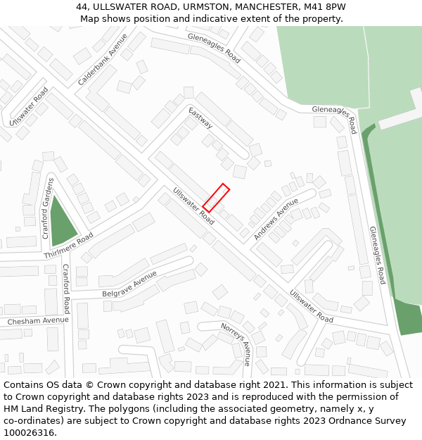 44, ULLSWATER ROAD, URMSTON, MANCHESTER, M41 8PW: Location map and indicative extent of plot