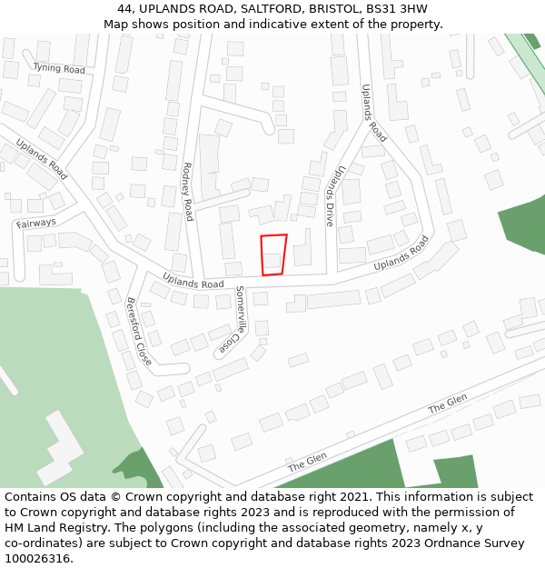 44, UPLANDS ROAD, SALTFORD, BRISTOL, BS31 3HW: Location map and indicative extent of plot