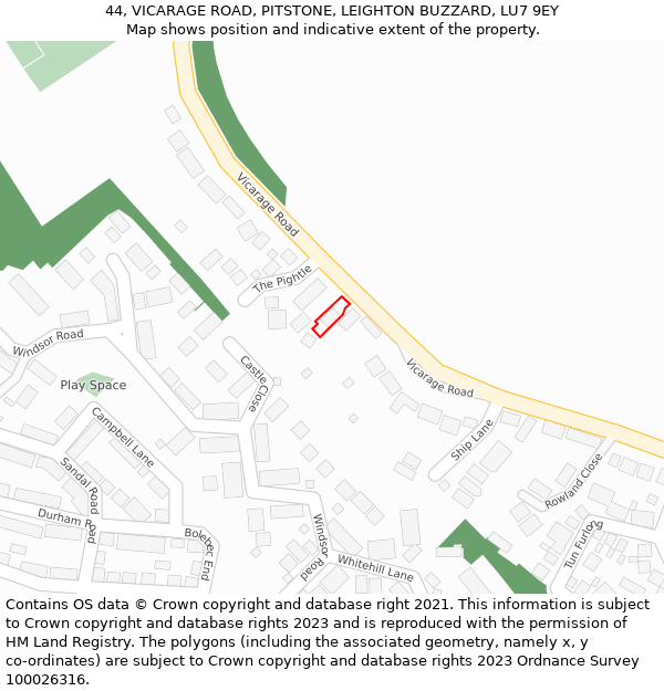44, VICARAGE ROAD, PITSTONE, LEIGHTON BUZZARD, LU7 9EY: Location map and indicative extent of plot