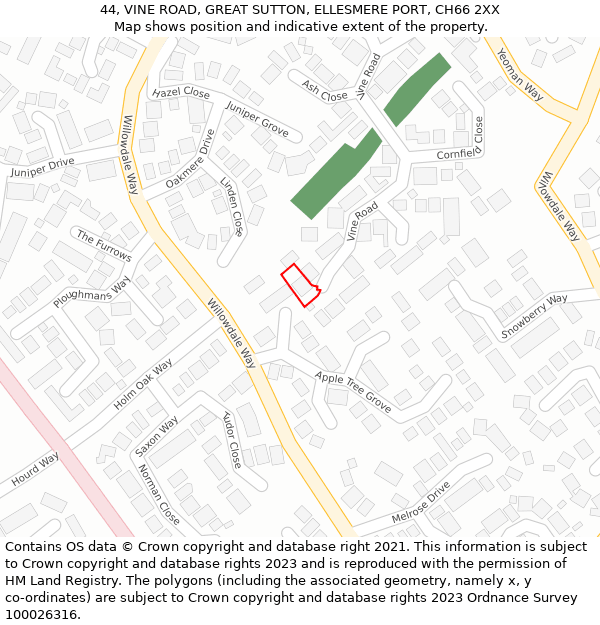 44, VINE ROAD, GREAT SUTTON, ELLESMERE PORT, CH66 2XX: Location map and indicative extent of plot