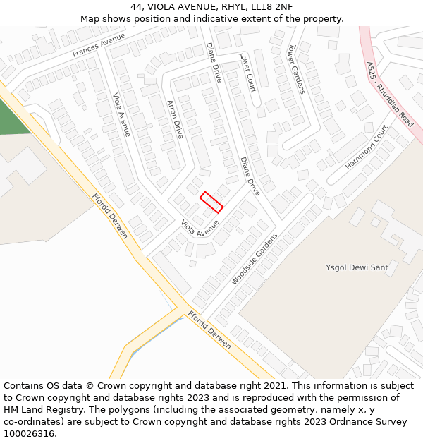 44, VIOLA AVENUE, RHYL, LL18 2NF: Location map and indicative extent of plot