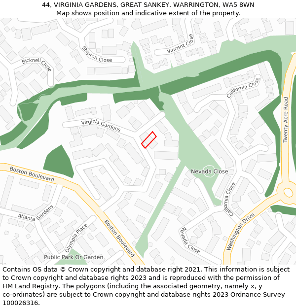 44, VIRGINIA GARDENS, GREAT SANKEY, WARRINGTON, WA5 8WN: Location map and indicative extent of plot