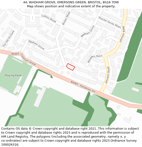 44, WADHAM GROVE, EMERSONS GREEN, BRISTOL, BS16 7DW: Location map and indicative extent of plot