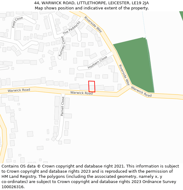 44, WARWICK ROAD, LITTLETHORPE, LEICESTER, LE19 2JA: Location map and indicative extent of plot