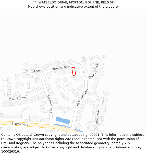 44, WATERLOO DRIVE, MORTON, BOURNE, PE10 0PJ: Location map and indicative extent of plot