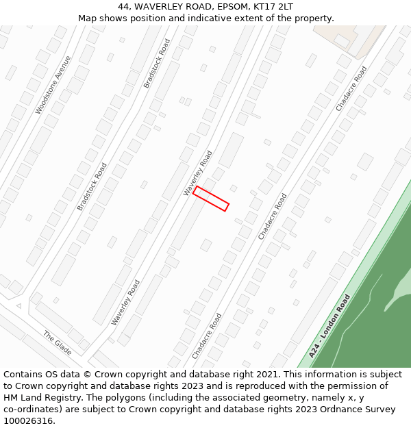 44, WAVERLEY ROAD, EPSOM, KT17 2LT: Location map and indicative extent of plot