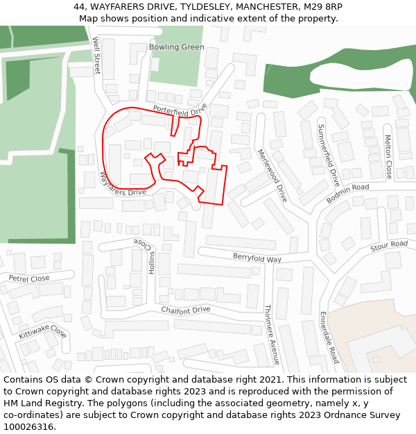 44, WAYFARERS DRIVE, TYLDESLEY, MANCHESTER, M29 8RP: Location map and indicative extent of plot