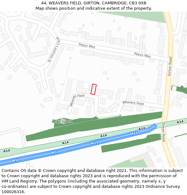 44, WEAVERS FIELD, GIRTON, CAMBRIDGE, CB3 0XB: Location map and indicative extent of plot