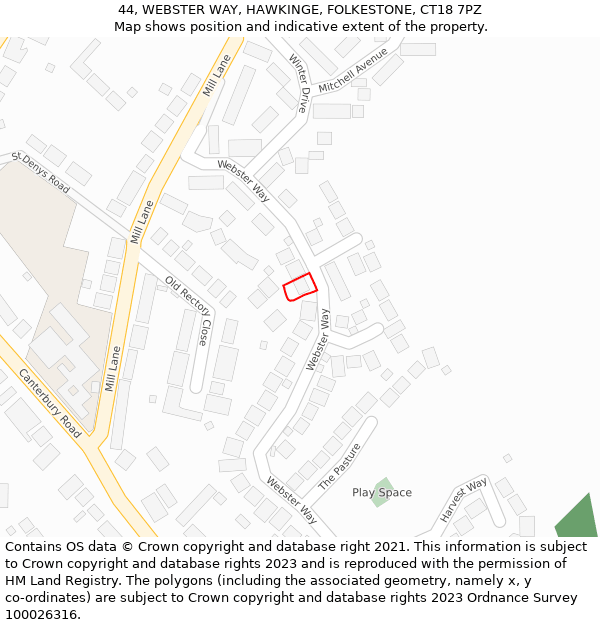 44, WEBSTER WAY, HAWKINGE, FOLKESTONE, CT18 7PZ: Location map and indicative extent of plot