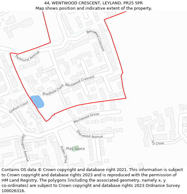 44, WENTWOOD CRESCENT, LEYLAND, PR25 5PR: Location map and indicative extent of plot