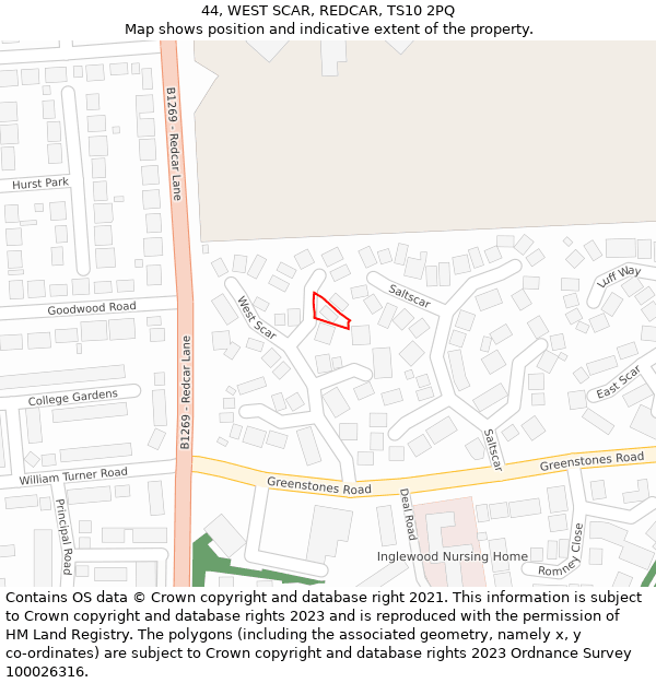 44, WEST SCAR, REDCAR, TS10 2PQ: Location map and indicative extent of plot