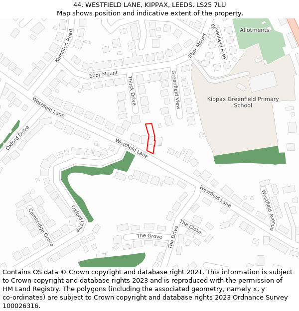 44, WESTFIELD LANE, KIPPAX, LEEDS, LS25 7LU: Location map and indicative extent of plot