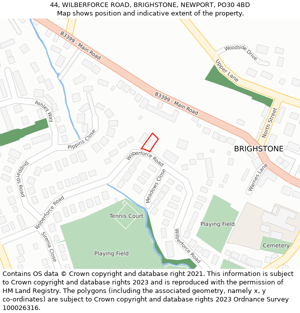 44, WILBERFORCE ROAD, BRIGHSTONE, NEWPORT, PO30 4BD: Location map and indicative extent of plot