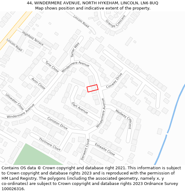 44, WINDERMERE AVENUE, NORTH HYKEHAM, LINCOLN, LN6 8UQ: Location map and indicative extent of plot