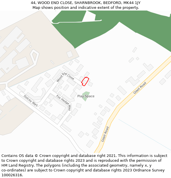44, WOOD END CLOSE, SHARNBROOK, BEDFORD, MK44 1JY: Location map and indicative extent of plot