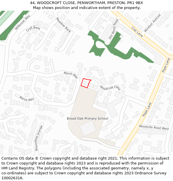 44, WOODCROFT CLOSE, PENWORTHAM, PRESTON, PR1 9BX: Location map and indicative extent of plot