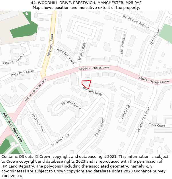 44, WOODHILL DRIVE, PRESTWICH, MANCHESTER, M25 0AF: Location map and indicative extent of plot
