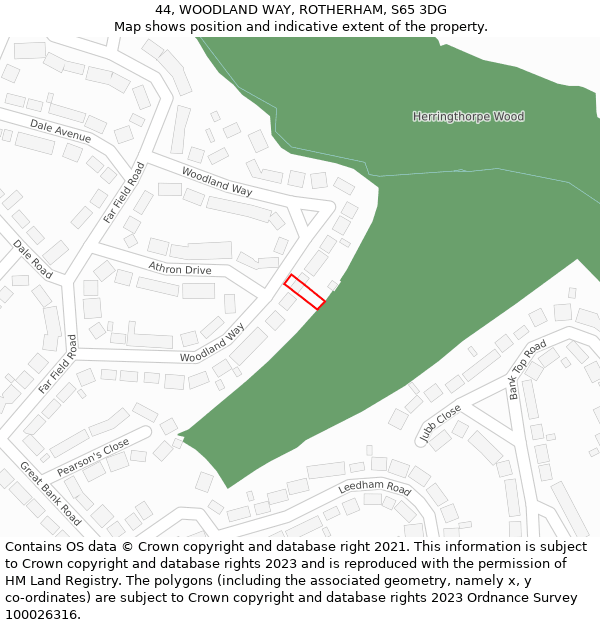 44, WOODLAND WAY, ROTHERHAM, S65 3DG: Location map and indicative extent of plot