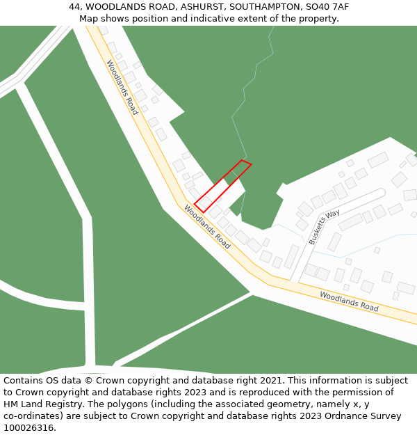 44, WOODLANDS ROAD, ASHURST, SOUTHAMPTON, SO40 7AF: Location map and indicative extent of plot