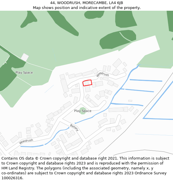 44, WOODRUSH, MORECAMBE, LA4 6JB: Location map and indicative extent of plot