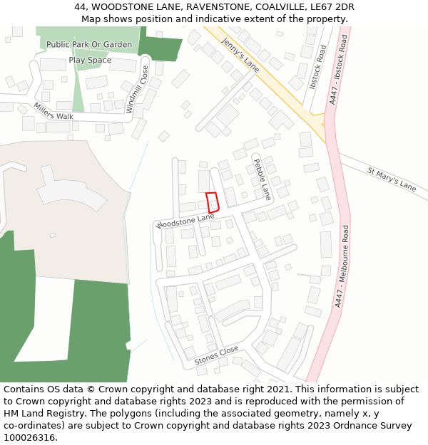 44, WOODSTONE LANE, RAVENSTONE, COALVILLE, LE67 2DR: Location map and indicative extent of plot