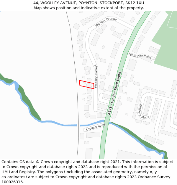 44, WOOLLEY AVENUE, POYNTON, STOCKPORT, SK12 1XU: Location map and indicative extent of plot