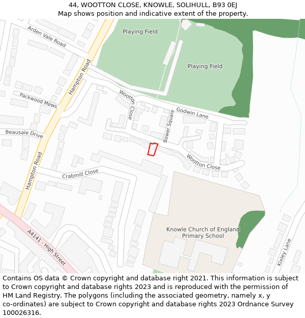 44, WOOTTON CLOSE, KNOWLE, SOLIHULL, B93 0EJ: Location map and indicative extent of plot