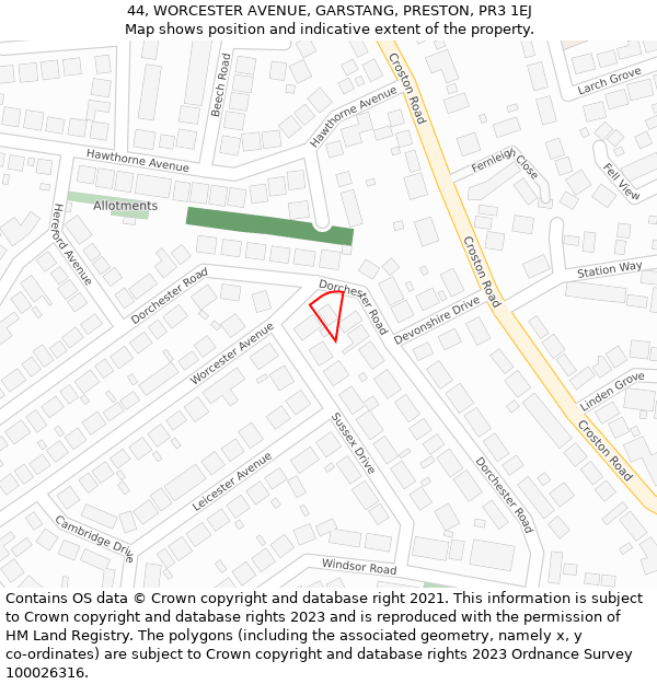 44, WORCESTER AVENUE, GARSTANG, PRESTON, PR3 1EJ: Location map and indicative extent of plot
