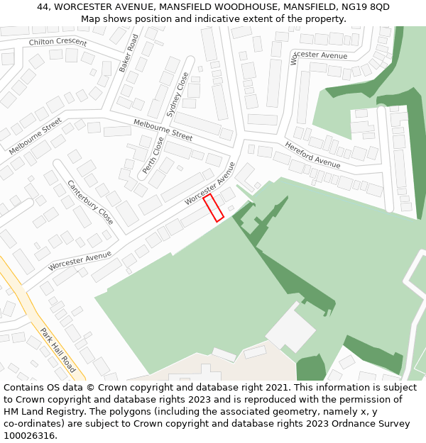 44, WORCESTER AVENUE, MANSFIELD WOODHOUSE, MANSFIELD, NG19 8QD: Location map and indicative extent of plot