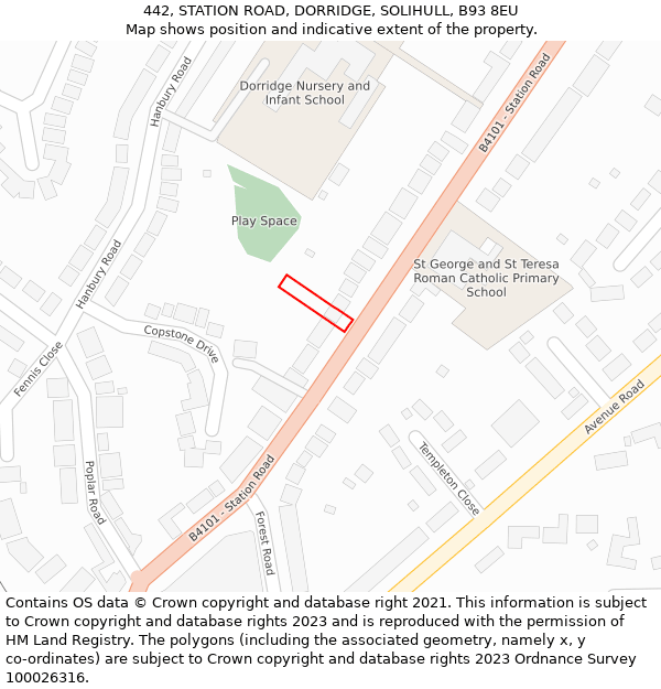 442, STATION ROAD, DORRIDGE, SOLIHULL, B93 8EU: Location map and indicative extent of plot