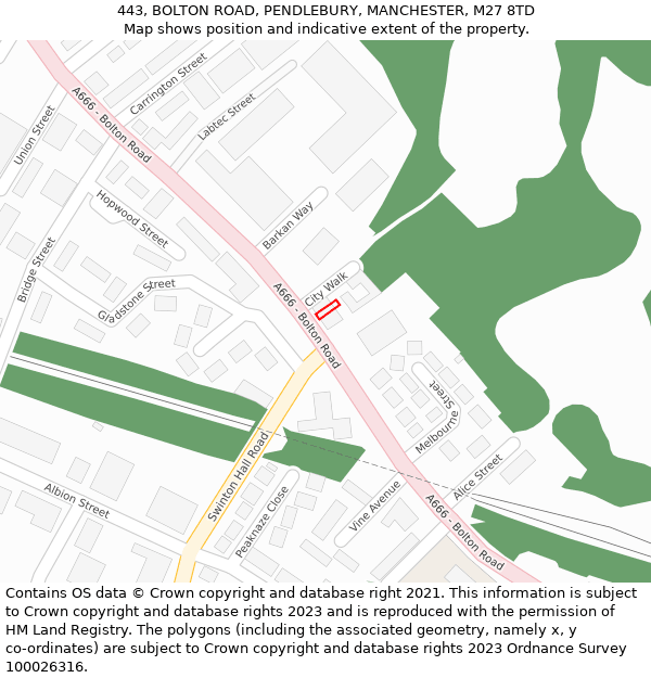 443, BOLTON ROAD, PENDLEBURY, MANCHESTER, M27 8TD: Location map and indicative extent of plot