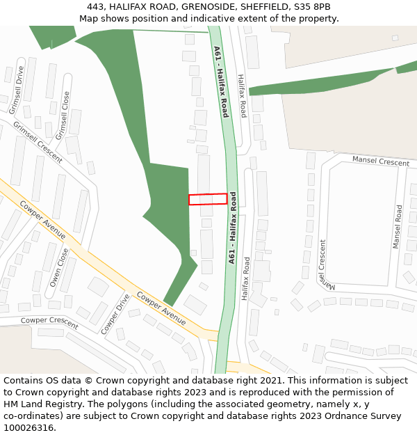 443, HALIFAX ROAD, GRENOSIDE, SHEFFIELD, S35 8PB: Location map and indicative extent of plot