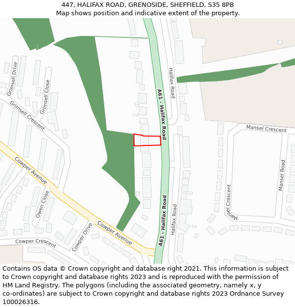 447, HALIFAX ROAD, GRENOSIDE, SHEFFIELD, S35 8PB: Location map and indicative extent of plot