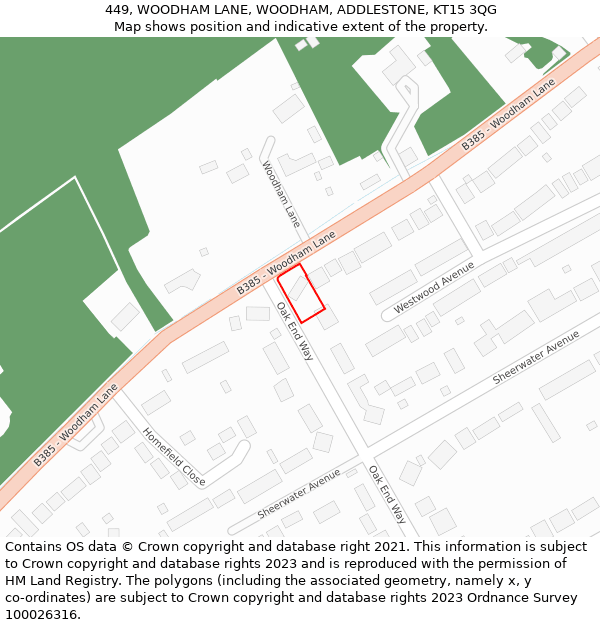 449, WOODHAM LANE, WOODHAM, ADDLESTONE, KT15 3QG: Location map and indicative extent of plot