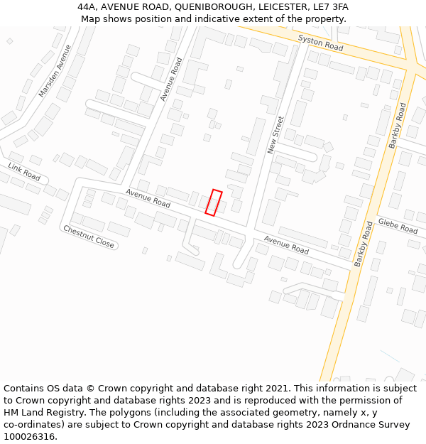 44A, AVENUE ROAD, QUENIBOROUGH, LEICESTER, LE7 3FA: Location map and indicative extent of plot
