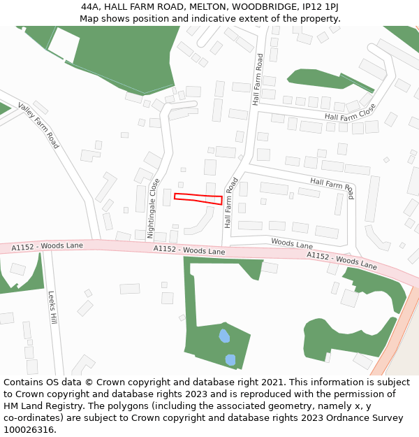 44A, HALL FARM ROAD, MELTON, WOODBRIDGE, IP12 1PJ: Location map and indicative extent of plot