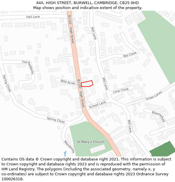 44A, HIGH STREET, BURWELL, CAMBRIDGE, CB25 0HD: Location map and indicative extent of plot