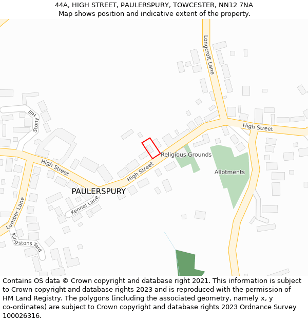 44A, HIGH STREET, PAULERSPURY, TOWCESTER, NN12 7NA: Location map and indicative extent of plot