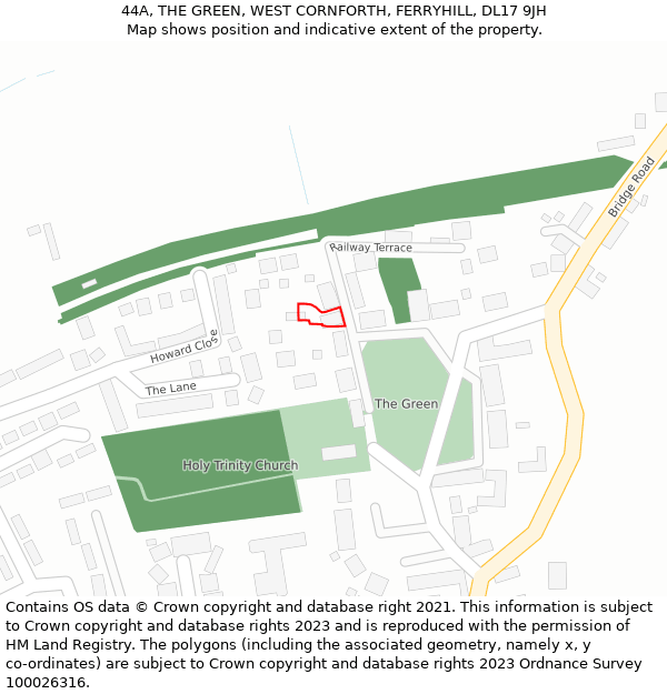 44A, THE GREEN, WEST CORNFORTH, FERRYHILL, DL17 9JH: Location map and indicative extent of plot