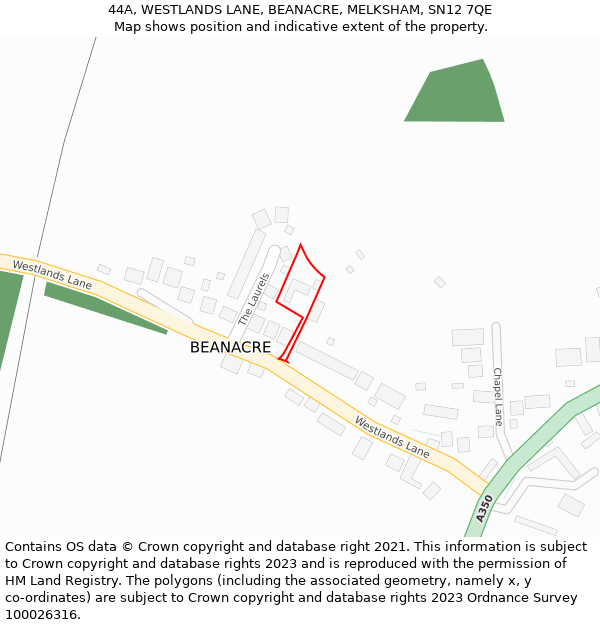 44A, WESTLANDS LANE, BEANACRE, MELKSHAM, SN12 7QE: Location map and indicative extent of plot