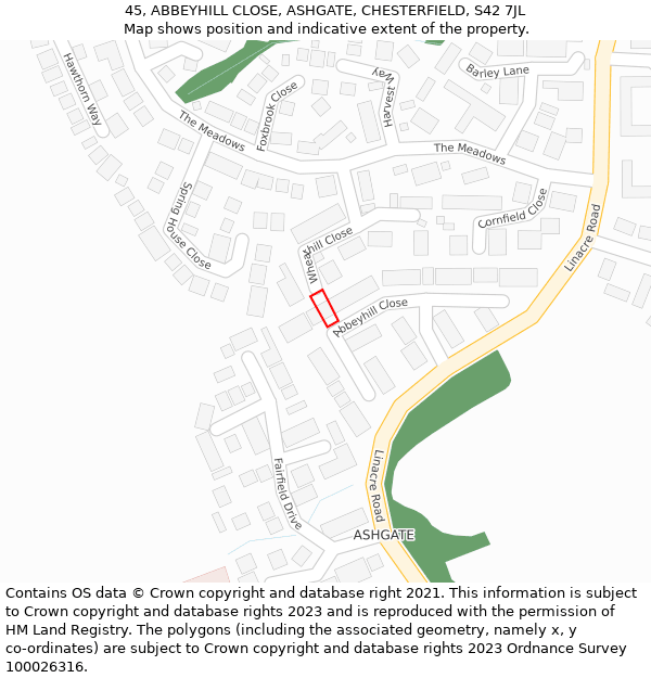 45, ABBEYHILL CLOSE, ASHGATE, CHESTERFIELD, S42 7JL: Location map and indicative extent of plot