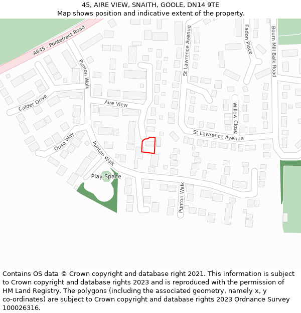 45, AIRE VIEW, SNAITH, GOOLE, DN14 9TE: Location map and indicative extent of plot