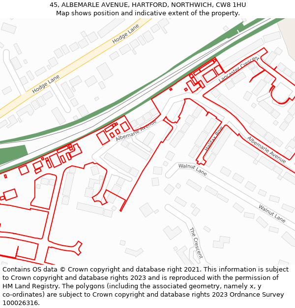 45, ALBEMARLE AVENUE, HARTFORD, NORTHWICH, CW8 1HU: Location map and indicative extent of plot